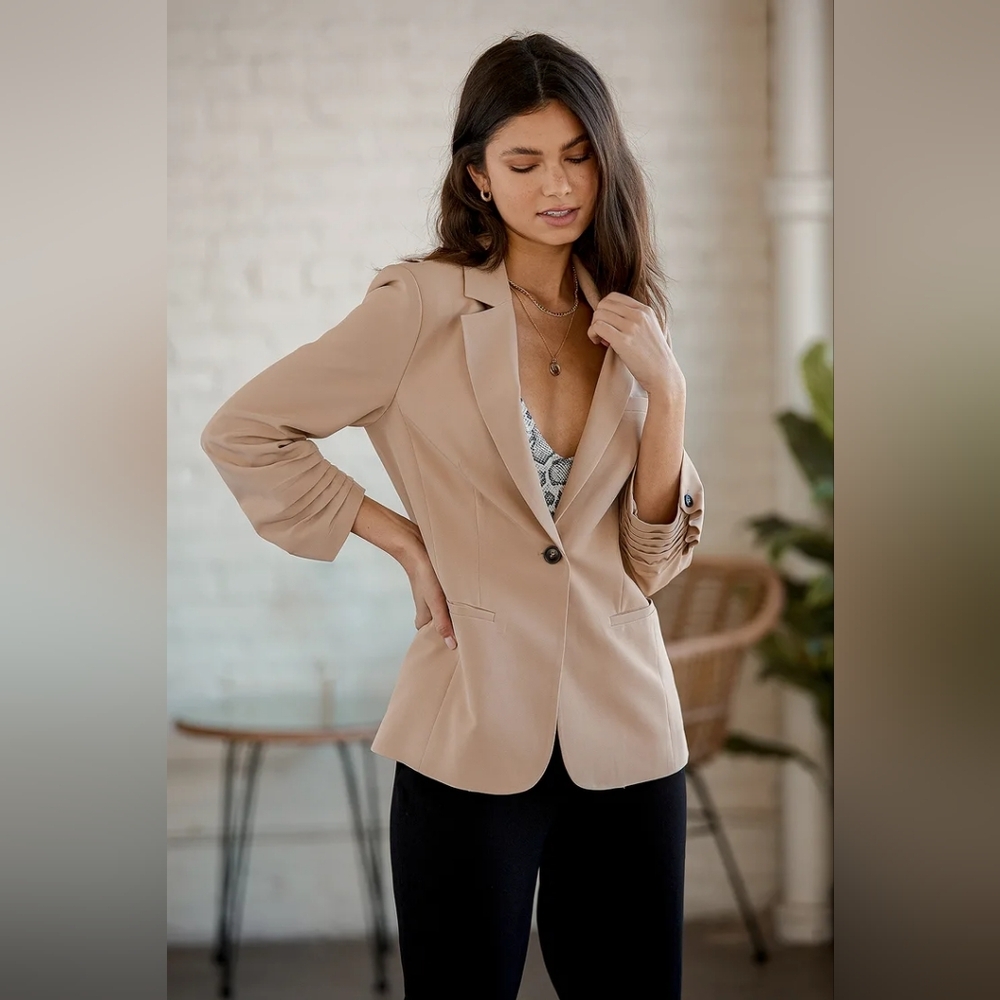 Lulus Here for Business Taupe Ruched Blazer